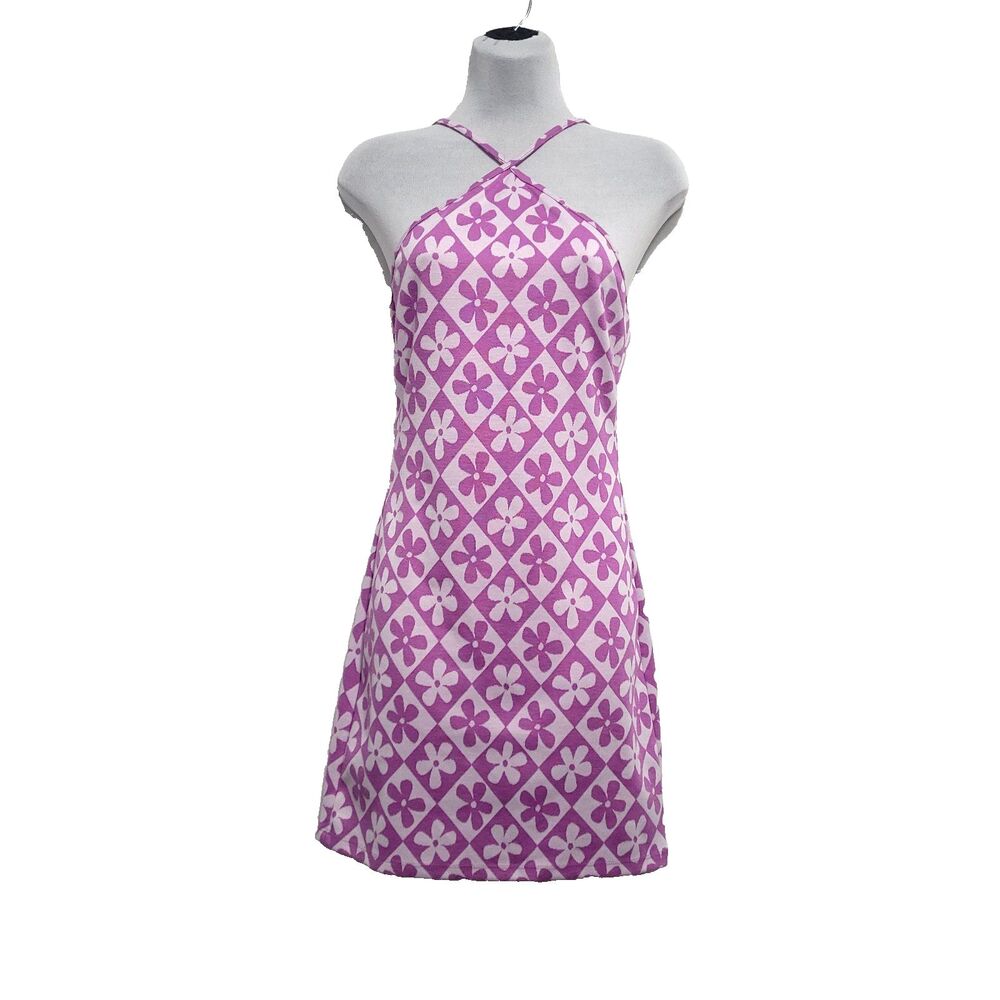 Forever 21 Retro Daisy Y2K halter Dress M Checkerboard Purple mod flower power